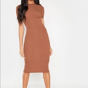 Chocolate Ribbed Crew Neck Midi Dress